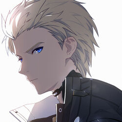  1boy black_jacket blue_eyes chrome:_glory_(punishing:_gray_raven) chrome_(punishing:_gray_raven) closed_mouth commentary_request from_side highres jacket light_brown_hair lzypoipoi male_focus portrait punishing:_gray_raven short_hair white_background 