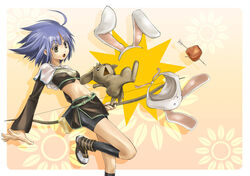  animal_ears animal_hat apple_on_head arrow_(projectile) arrow_through_apple black_shorts black_socks blue_hair border bow_(weapon) brown_eyes brown_footwear brown_shirt brown_skirt canine comiket_78 commentary_request cover cover_page crop_top doujin_cover fake_animal_ears female foot_out_of_frame hat holding holding_bow_(weapon) holding_weapon hunter_(ragnarok_online) jacket layered_sleeves long_sleeves looking_at_animal midriff miniskirt navel open_mouth quiver rabbit_ears rabbit_hat ragnarok_online shirt shoes short_hair short_over_long_sleeves short_shorts short_sleeves shorts shorts_under_skirt skirt socks solo triangle_mouth weapon white_border white_jacket yuuki_tokito 