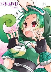  1other black_gloves black_sash chameleon_girl chameleon_tail character_name chiki_yuuko commentary_request copyright_name female fingerless_gloves gloves green_hair green_hood green_neckerchief green_serafuku green_tail hands_up hood kemono_friends looking_up neckerchief open_mouth panther_chameleon_(kemono_friends) red_eyes sash school_uniform serafuku solo_focus sweat tail vambraces 