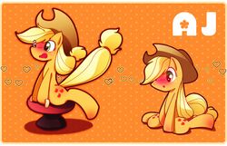  2013 applejack_(mlp) blonde_mane blush chinpui cutie_mark digital_drawing_(artwork) digital_media_(artwork) equid equine female feral freckles friendship_is_magic green_eyes hasbro heart_symbol horse letterbox mammal mane my_little_pony open_mouth orange_body pony raised_tail sitting solo tail 