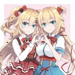  2girls akai_haato akai_haato_(1st_costume) akai_haato_(gothic_lolita) aqua_eyes blonde_hair bow bowtie breasts collared_shirt commentary dress dual_persona hair_ornament hairbow hand_on_another&#039;s_hip heart heart-shaped_pupils heart_hair_ornament heart_hands heart_hands_duo highres hololive large_breasts long_hair looking_at_viewer multiple_girls official_alternate_costume pink_background red_dress ribbon shirt simple_background smile symbol-shaped_pupils tm-pika upper_body virtual_youtuber 