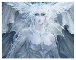  arizdigitalart artist_name blue_background blue_eyes blue_sclera blue_skin blue_theme border breasts collarbone colored_sclera colored_skin commentary cracked_skin english_commentary expressionless feathered_wings female final_fantasy final_fantasy_xiv fins glowing glowing_eyes hair_ornament head_fins head_wings headpiece highres hydaelyn light_particles long_hair looking_at_viewer purple_lips realistic signature solo spikes upper_body veil water_drop_hair_ornament wavy_hair white_border white_hair white_veil wings 