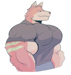  anthro biceps big_muscles brown_nose canid canine canis clothing crocobu fur green_body green_fur green_stripes huge_muscles male mammal multicolored_body multicolored_fur muscular muscular_anthro muscular_male pecs pink_body pink_fur red_eyes shirt simple_background smile solo striped_body striped_fur stripes tan_body tan_fur tight_clothing topwear white_background wolf 