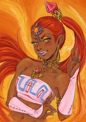  absurdres breasts collarbone dark-skinned_female dark_skin earrings emipon244 female forehead_jewel gem gerudo hair_pulled_back highres jewelry lipstick long_hair makeup midriff nabooru navel pink_nails pointy_ears ponytail red_hair ring small_breasts the_legend_of_zelda the_legend_of_zelda:_ocarina_of_time upper_body very_dark_skin yellow_background yellow_eyes 