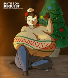  2019 anthro avian big_breasts bird bottomwear breasts brown_hair christmas christmas_tree closed_eyes clothed clothing denim denim_bottomwear denim_clothing digital_media_(artwork) female fully_clothed galliform hair hi_res holding_object holidays huge_breasts jeans joaoppereiraus la_pavita_pechugona non-mammal_breasts pants pavita_pechugona phasianid plant smile solo sweater text topwear tree turkey url 