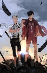  2boys bird black_hair black_legwear black_shorts bokuto_koutarou buun_ko cloud crossed_arms expressionless feathers full_body grey_hair haikyuu!! hand_on_own_hip jacket jacket_on_shoulders jersey knee_pads kuroo_tetsurou male_focus multicolored_hair multiple_boys nekoma_volleyball_uniform outdoors red_shorts shoes shorts sky sneakers sportswear standing track_jacket two-tone_hair volleyball_uniform yellow_eyes 