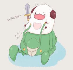  7mb_yut :p animal_focus english_text facial_hair heart holding holding_sword holding_weapon horns league_of_legends mixed-language_commentary moustache no_humans poro_(league_of_legends) riding scuttle_crab simple_background sitting sword tongue tongue_out weapon white_background 