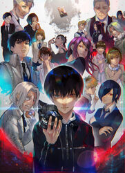  6+boys 6+girls amon_koutarou black_hair black_jacket black_necktie blonde_hair blue_hair book brown_hair character_request cross cross_necklace crossed_arms doughnut eating food fueguchi_hinami fueguchi_ryouko glasses grey_hair hair_over_one_eye hand_up highres holding holding_book holding_mask irimi_kaya jacket jewelry kagune_(tokyo_ghoul) kamishiro_rize kaneki_ken kanou_akihiro kirishima_touka koma_enji kusaba_ippei kyuuba_melo long_hair mado_kureo male_focus marude_itsuki mask mother_and_daughter mouth_mask multiple_boys multiple_girls nagachika_hideyoshi necklace necktie nishino_kimi nishio_nishiki official_style old old_man one_eye_closed parted_bangs purple_hair red_eyes round_eyewear serious short_hair smile tokyo_ghoul tsukiyama_shuu unworn_mask uta_(tokyo_ghoul) very_short_hair yomo_renji yoshimura_(tokyo_ghoul) 