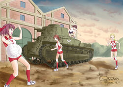  4girls absurdres bike_shorts bird black_hair blonde_hair blue_eyes breasts brown_eyes brown_hair caterpillar_tracks cloud duck emblem evening girls_und_panzer hairband headband highres isobe_noriko kawanishi_shinobu kondou_taeko long_hair military military_vehicle motor_vehicle mountain multiple_girls outdoors playing ponytail qian sasaki_akebi shirt short_hair sky smile sportswear tank type_89_i-gou volleyball volleyball_uniform warehouse 