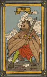  2019 anthro bat bat_wings card card_template clothed clothing cloud digital_media_(artwork) fortune_telling fur hair holding_object hybrid hyena male mammal melee_weapon membrane_(anatomy) membranous_wings minor_arcana musorok naridian outside page_of_swords_(tarot) sky solo spotted_hyena standing sword swords_(tarot) tarot tarot_card weapon wings 