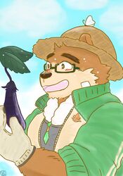  2020 29_da2 anthro bear blush brown_body brown_fur clothing eggplant eyewear food fruit fur glasses gloves handwear hat headgear headwear hi_res humanoid_hands kemono lifewonders male mammal plant solo straw_hat tokyo_afterschool_summoners volos_(tas) 