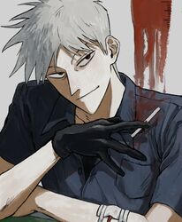  1boy akagi:_yami_ni_oritatta_tensai akagi_shigeru bags_under_eyes black_gloves blood blood_on_clothes blood_splatter cigarette closed_mouth collared_shirt commentary_request fukumoto_mahjong fukumoto_nobuyuki_(style) gauze gloves grey_hair grey_shirt harukawa_(b1kbah) head_tilt highres holding holding_cigarette looking_at_viewer male_focus medium_bangs pointy_nose red_eyes shirt short_hair smile solo upper_body 