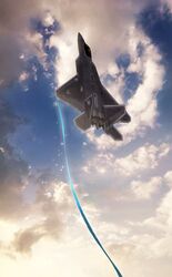  ace_combat ace_combat_04 aircraft airplane blue_sky cloud commentary_request emblem f-22_raptor fighter_jet highres isaf jet md5_mismatch military military_vehicle mobius_1 mobius_strip ribbon sky skyleranderton sunset vehicle_focus 