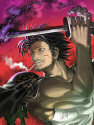  1boy absurdres artist_name biceps black_bulls_(emblem) black_capelet black_clover black_hair bleeding blood blood_on_face cape capelet cigarette facial_hair goatee highres holding holding_sword holding_weapon injury katana long_sideburns magic male_focus mature_male moustache multicolored_background muscular muscular_male parted_lips red_eyes short_hair sideburns signature sleeveless smoke smoking solo sword tank_top teeth torn_capelet torn_clothes umbrakinesis upper_teeth_only van_(yoroshigu) veins weapon white_tank_top yami_sukehiro 