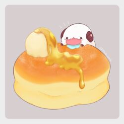  7mb_yut :3 animal_focus artist_name border food food_focus honey horns ice_cream league_of_legends mixed-language_commentary no_humans pancake poro_(league_of_legends) saliva simple_background souffle_pancake syrup tongue tongue_out two-tone_background white_border 