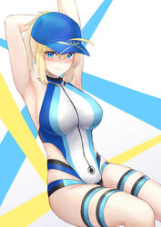  absurdres ahoge arm_behind_head armpits arms_up artoria_pendragon_(fate) bare_shoulders baseball_cap blonde_hair blue_eyes blue_headwear blue_one-piece_swimsuit blush breasts closed_mouth cosplay fate/grand_order fate_(series) female hair_between_eyes hair_through_headwear hat highleg highleg_swimsuit highres large_breasts long_hair looking_at_viewer mysterious_heroine_xx_(fate) okuma707 one-piece_swimsuit ponytail sidelocks sitting smile swimsuit thigh_strap thighs tomoe_gozen_(fate) tomoe_gozen_(swimsuit_saber)_(fate) tomoe_gozen_(swimsuit_saber)_(fate)_(cosplay) tomoe_gozen_(swimsuit_saber)_(first_ascension)_(fate) two-tone_swimsuit white_one-piece_swimsuit 