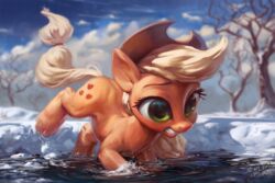  2019 3:2 applejack_(mlp) assasinmonkey clothing cutie_mark digital_media_(artwork) digital_painting_(artwork) earth_pony equid equine eyelashes female feral friendship_is_magic hair hasbro hat headgear headwear horse mammal my_little_pony outside plant pony solo tree water 