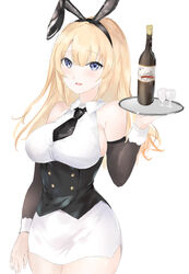  absurdres animal_ears astoria_(azur_lane) astoria_(black_bunny_carnival)_(azur_lane) azur_lane bare_shoulders black_corset black_necktie blonde_hair blue_eyes bottle buttons corset detached_sleeves double-breasted fake_animal_ears female highres holding holding_tray long_hair necktie official_alternate_costume playboy_bunny shirt skirt solo sutaa tray white_shirt white_skirt wine_bottle 