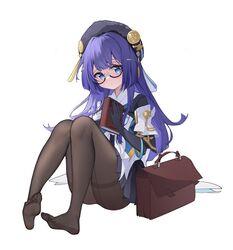  absurdres bag beret black_gloves black_headwear black_pantyhose black_skirt blue_eyes book elbow_gloves feet female full_body glasses gloves hair_intakes hat highres holding holding_book honkai:_star_rail honkai_(series) long_hair looking_at_viewer ningmeng_jing_jing_jing_jing no_shoes pantyhose pela_(honkai:_star_rail) pleated_skirt purple_hair semi-rimless_eyewear shirt short_sleeves simple_background sitting skirt soles solo thighband_pantyhose toes under-rim_eyewear white_background 