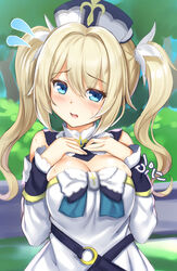  barbara_(genshin_impact) bare_shoulders blonde_hair blue_eyes blush bow bowtie breasts cleavage cross female genshin_impact half-closed_eyes hands_on_own_chest highres kageira latin_cross long_sleeves looking_at_viewer medium_breasts open_mouth solo sweat twintails twisted_hair upper_body 