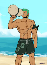  1boy abs alcohol armband bara beach blue_sky clenched_hand closed_eyes dkirbyj drinking earrings gourd green_hair holding jewelry male_focus male_swimwear muscular muscular_male ocean one_piece outdoors pectorals roronoa_zoro sand scar scar_across_eye scar_on_chest short_hair sky solo standing swim_trunks swimsuit topless_male water 