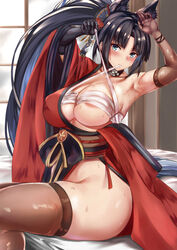  absurdres areola_slip armpits ass asymmetrical_gloves azur_lane black_hair blue_eyes breasts brown_thighhighs commentary_request covered_nipples female gloves hadanugi_dousa highres indoors japanese_clothes kii_(azur_lane) kimono large_breasts long_hair mismatched_gloves no_panties on_bed open_clothes open_kimono ponytail red_kimono sarashi single_bare_shoulder sitting skindentation solo sweat thighhighs thighs uchida_shou very_long_hair 