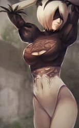  arms_up black_blindfold blindfold bob_cut breasts closed_mouth cowboy_shot female hairband highleg highleg_leotard highres juliet_sleeves large_breasts leotard long_sleeves navel nier_(series) nier_automata puffy_sleeves sauvignon short_hair white_hair yorha_no._2_type_b 