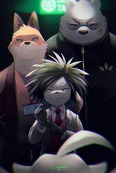  4boys adjusting_clothes adjusting_gloves animal_ears bad_id bad_twitter_id bear_boy black_gloves black_hair black_jacket blurry blurry_foreground closed_mouth fox_boy furry furry_male gloves highres id_card jacket kakihana_eiji male_focus monkey_boy multiple_boys necktie odd_taxi pants porcupine_boy ragun_(lagoon_bluebear) red_necktie scar scar_on_face sekiguchi_(odd_taxi) shirt signature spiked_hair sunglasses track_jacket vest yamamoto_fuyuki yano_(odd_taxi) 