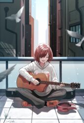  acoustic_guitar baseball_cap bird black_pants brown_hair building busking closed_eyes crossed_legs day drawstring female full_body grey_hoodie guitar guitar_case hair_over_one_eye hat highres higuchi_madoka hood hood_down hoodie idolmaster idolmaster_shiny_colors instrument instrument_case junshiki long_sleeves mole mole_under_eye mole_under_mouth music on_floor open_mouth orange_footwear outdoors pants playing_instrument railing red_hat shoes short_hair signature singing sitting solo sunlight tile_floor tiles unworn_hat unworn_headwear 