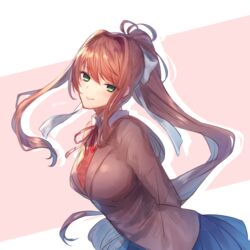  720yen doki_doki_literature_club! monika_(doki_doki_literature_club!) seifuku sweater 