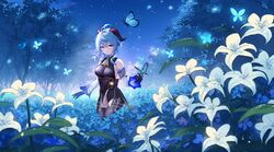  ahoge ai-generated bare_shoulders bell black_dress black_gloves blue_hair blush bodystocking breasts brown_pantyhose bug butterfly detached_sleeves dress female field flower flower_field ganyu_(genshin_impact) genshin_impact gloves highres horns large_breasts long_hair looking_at_viewer nid417 night night_sky pantyhose purple_eyes sidelocks sky solo thighs 