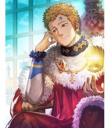  1boy artist_name black_clover blonde_hair blue_sky book chair cloak day elbow_rest facial_mark floating floating_book floating_object forehead_mark fur-trimmed_cloak fur-trimmed_sleeves fur_trim grey_eyes grimoire hand_on_own_cheek hand_on_own_face head_rest head_tilt indoors julius_novachrono light_smile long_sideburns looking_away magic male_focus medal red_cloak royal_robe short_hair sideburns signature sky solo van_(yoroshigu) window 