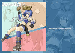  2010 3girls alternate_color animal_on_head armband assassin_cross_(ragnarok_online) bags_under_eyes black_gloves blue_gloves blue_hair blue_shirt blue_shorts blue_socks boned_meat boots breasts brown_eyes brown_footwear brown_shirt brown_shorts canine closed_mouth comiket_79 commentary_request cover cover_page crop_top dog_on_head doujin_cover food full_body fur-trimmed_gloves fur-trimmed_shirt fur-trimmed_shorts fur_trim gloves hair_between_eyes headphones high_heel_boots high_heels high_priest_(ragnarok_online) long_hair looking_at_viewer meat midriff multiple_girls navel o_o on_head open_mouth quiver ragnarok_online shirt short_shorts shorts sleeveless sleeveless_shirt small_breasts smile sniper_(ragnarok_online) socks solo_focus triangle_mouth two-tone_gloves two-tone_shirt two-tone_shorts yuuki_tokito zoom_layer 