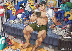  1boy abs absurdres arm_hair bara bare_pectorals baseball_cap beard blush blush_stickers bulbasaur bulge character_doll character_print character_request chest_hair collared_shirt commission dakimakura_(object) dark-skinned_male dark_skin eevee facial_hair fate_(series) fudanshi full_body green_shorts gyee hat highres horkeu_kamui iskandar_(fate) large_pectorals leg_hair loaded_interior male_focus male_underwear male_underwear_peek manga_(object) master_(gyee) mature_male mizuki_gai moustache muscular muscular_male navel navel_hair nipples on_bed open_clothes open_shirt original otaku pectorals pikachu pillow poke_ball poke_ball_(basic) poke_ball_print pokemon shirt short_hair shorts sideburns sitting solo stomach stubble thick_eyebrows thick_thighs thighs tokyo_afterschool_summoners undercut underwear unworn_hat unworn_headwear white_male_underwear xiawenjie 