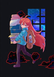  ahoge backpack bag black_background blush blush_stickers book book_stack bottle broken_window celeste_(video_game) character_request chromatic_aberration commentary_request creature dark down_jacket female film_grain from_side full_body fuwamoko_momen_toufu hair_between_eyes highres holding holding_book indoors jacket long_hair long_sleeves looking_at_viewer looking_to_the_side madeline_(celeste) pants raised_eyebrow red_hair shoes solo treasure_chest very_long_hair walking water_bottle 