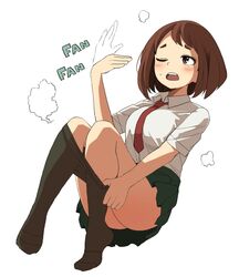  black_socks blush boku_no_hero_academia brown_eyes brown_hair clothes_pull fanning_self female full_body green_skirt highres hot necktie one_eye_closed open_mouth pantyhose pantyhose_pull pleated_skirt red_necktie school_uniform shirt short_hair short_sleeves sidelocks simple_background sitting skirt socks solo sweatdrop teeth tennosuke_(tejons) u.a._school_uniform undressing upper_teeth_only uraraka_ochako white_background white_shirt 