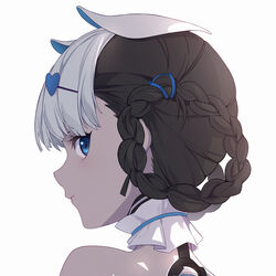  absurdres bambinata:_vitrum_(punishing:_gray_raven) bambinata_(punishing:_gray_raven) black_hair blue_eyes blunt_bangs braid braided_hair_rings collar cyborg detached_collar female frilled_collar frills from_behind hair_ornament hairclip highres looking_at_viewer looking_back lzypoipoi multicolored_hair portrait profile punishing:_gray_raven solo two-tone_hair white_background white_collar white_hair 