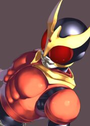  1boy arcle_(kuuga) armor batsu black_bodysuit black_mask bodysuit breastplate commentary_request compound_eyes driver_(kamen_rider) dutch_angle facing_viewer forehead_jewel from_above full_armor gold_horns grey_background heisei helmet horns kamen_rider kamen_rider_kuuga kamen_rider_kuuga_(series) kuuga_(mighty) male_focus red_armor red_eyes rider_belt shoulder_armor simple_background solo stag_beetle tokusatsu upper_body 