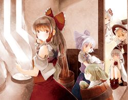  6+girls atoki black_dress blonde_hair blue_dress blue_eyes bow brown_eyes brown_hair bucket cirno commentary_request cookie cooking detached_sleeves dress food fujiwara_no_mokou green_hair grey_eyes hair_bobbles hair_ornament hair_ribbon hair_tubes hairbow hakurei_reimu hat hat_bow hat_ribbon holding holding_ladle in_bucket in_container kamado kirisame_marisa kisume kitchen ladle looking_at_viewer looking_back mononobe_no_futo multiple_girls open_mouth plate puffy_sleeves ribbon shirt short_sleeves sitting skirt skirt_set smile tasting touhou tress_ribbon twintails white_hair wide_sleeves witch_hat wooden_bucket yellow_eyes 