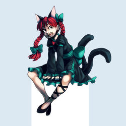  animal_ears between_legs black_eyes blue_background bow braid cat_ears cat_tail commentary_request dress extra_ears fangs female fingernails hairbow hand_between_legs juliet_sleeves kaenbyou_rin knees_apart_feet_together leaning_forward leg_ribbon long_sleeves looking_at_viewer multiple_tails nail_polish nappooz nekomata own_hands_together puffy_sleeves red_hair ribbon sash simple_background sitting sleeves_past_wrists solo tail touhou twin_braids 