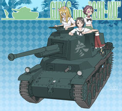  3girls absurdres animal_ears argyle_background boots caterpillar_tracks commentary_request eyepatch fake_animal_ears freckles girls_und_panzer glasses green_skirt hairband highres midriff military military_vehicle momogaa_(girls_und_panzer) motor_vehicle multiple_girls nekonyaa_(girls_und_panzer) ooarai_school_uniform piyotan_(girls_und_panzer) pleated_skirt school_uniform serafuku sino_(mechanized_gallery) skirt smile tank type_3_chi-nu 