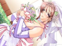  blush bouquet breasts brown_hair cleavage detached_sleeves female female flower game_cg hitozuma_kasumi-san hitozuma_kasumi-san_2 hitozuma_kasumi-san_2_oku-sama_miboujin_owner_to_kyodou_seikatsu large_breasts looking_at_viewer matsubara_kasumi milf mole no_glasses purple_eyes solo sumeragi_kohaku tinkerbell_(company) wedding_dress wedding_ring 