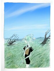  1other androgynous blue_sky clipboard commentary_request day gem_uniform_(houseki_no_kuni) grass green_hair houseki_no_kuni landscape necktie other_focus outdoors pencil phosphophyllite scenery short_hair sky solo toooka tree 