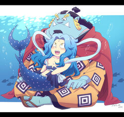  2012 animal_humanoid black_bars blush chibi clothed clothing detailed detailed_background duo fish fish-men_(one_piece) fish_humanoid fukaboshi fully_clothed humanoid jinbe jinbei_(clothing) letterbox male male/male marine marine_humanoid merfolk muscular ntm obese obese_male one_piece overweight overweight_male sea sitting size_difference split_form topless underwater water 