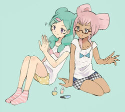  2girls barufoa beta_(inazuma_eleven) blush commentary_request dark-skinned_female dark_skin glasses green_hair inazuma_eleven_(series) inazuma_eleven_go inazuma_eleven_go_chrono_stone long_hair multiple_girls musical_note nail_polish nail_polish_bottle no_pupils open_mouth orca_(inazuma_eleven) pink_hair purple_eyes simple_background sitting smile socks 