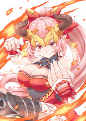  aliza_(granblue_fantasy) babystar bad_id bad_pixiv_id draph earrings female fighting_stance fire granblue_fantasy hair_pulled_back hair_ribbon highres horns jewelry ponytail red_eyes ribbon smile solo 