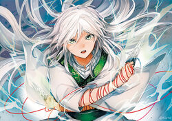  1boy bad_id bad_pixiv_id freckles green_eyes ja&#039;far_(magi) long_hair magi_the_labyrinth_of_magic maguchimo male_focus open_mouth solo string weapon white_hair 