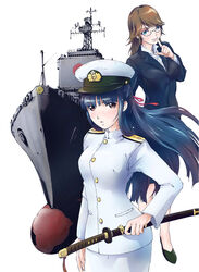  2girls commentary_request glasses hair_ribbon hat highres jokou_no_seisen katana military military_uniform multiple_girls peaked_cap photoshop_(medium) ribbon shinonome_kaoruko ship sword touen-no-miya_nako uniform washio_naohiro watercraft weapon 