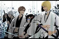  3boys ai_(ai1470) aizen_sousuke black_hair bleach blonde_hair blue_eyes brown_eyes brown_hair closed_eyes female glasses glowing glowing_eyes grin hair_ornament haori highres hinamori_momo hirako_shinji ichimaru_gin japanese_clothes multiple_boys short_hair smile squinting sword taichou_haori weapon white_hair yellow_eyes 