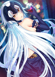  alcohol backless_dress backless_outfit backlighting bare_shoulders black_dress black_gloves blurry blush bokeh breasts butt_crack commentary_request cup depth_of_field dimples_of_venus dress drinking_glass dutch_angle elbow_gloves evening_gown fate/grand_order fate_(series) female frilled_gloves frills gem gloves headpiece holding holding_cup jeanne_d&#039;arc_alter_(avenger)_(fate) jeanne_d&#039;arc_alter_(fate) jeanne_d&#039;arc_alter_(holy_night_supper)_(fate) long_hair looking_at_viewer looking_back majin_(kiidoumajin) medium_breasts parted_lips photoshop_(medium) pillar sideboob solo sparkle standing straight_hair very_long_hair white_hair wine wine_glass yellow_eyes 